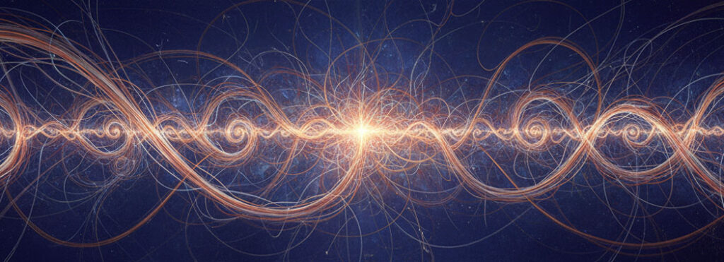 Abstract illustration of interwoven luminous threads in copper, brass, rose-gold, and silver forming a lattice with a warm white-gold convergence point at the center against deep cosmic indigo
