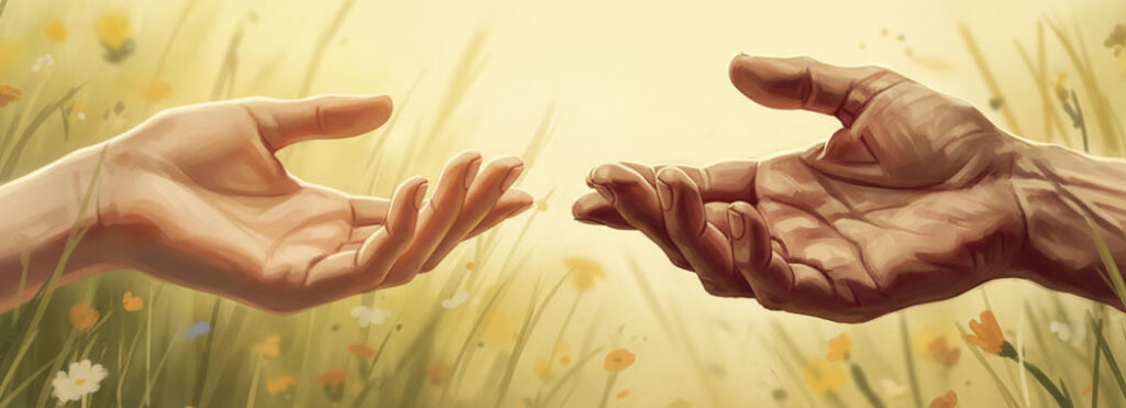 Diptych illustration of young hands in golden light facing aged hands in warm parchment lamplight, palms open as if about to clasp across the center