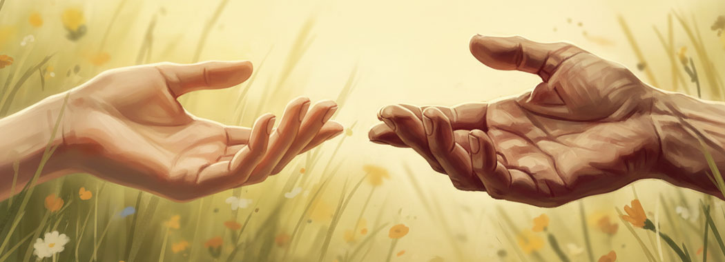 Diptych illustration of young hands in golden light facing aged hands in warm parchment lamplight, palms open as if about to clasp across the center
