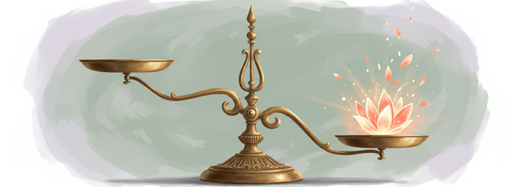 Whimsical illustration of a brass scale tipped toward a radiant coral light-bloom with small light fragments drifting upward against soft sage and lavender background