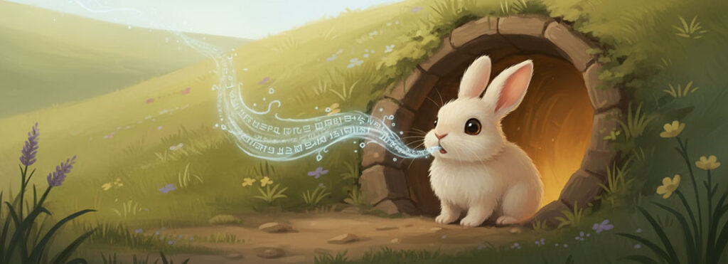 Whimsical illustration of a small cream rabbit at a glowing honey-amber burrow entrance with a shimmering silver-blue line of script floating from its mouth into the air