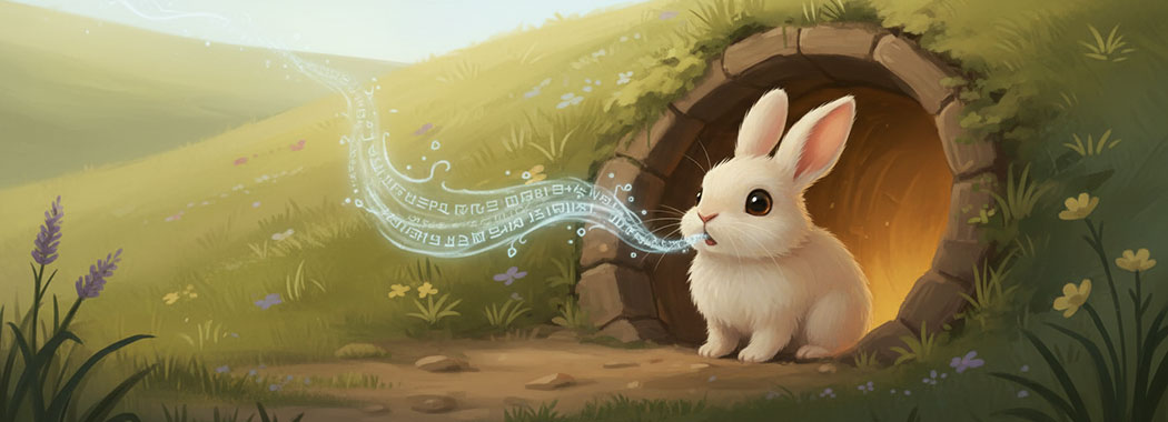 Whimsical illustration of a small cream rabbit at a glowing honey-amber burrow entrance with a shimmering silver-blue line of script floating from its mouth into the air