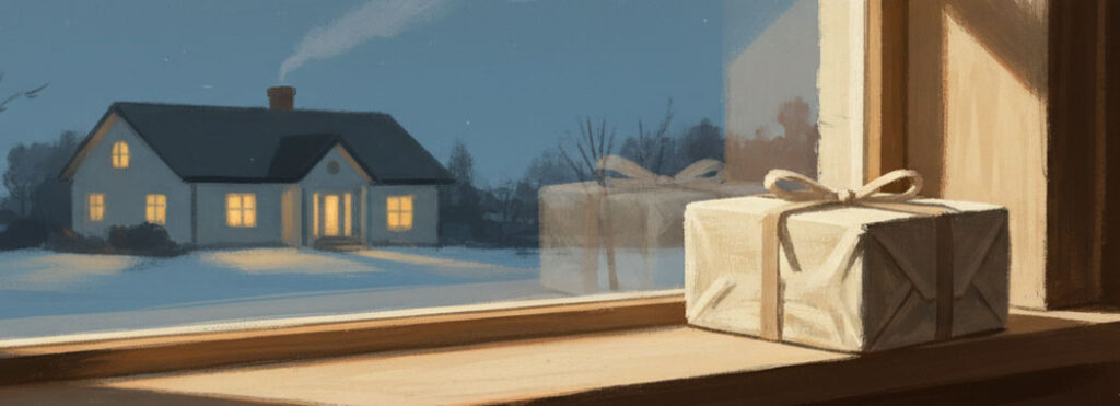 Warm illustration of a single wrapped gift on an interior windowsill in amber light with a distant family house glowing gold across a dusk-blue yard