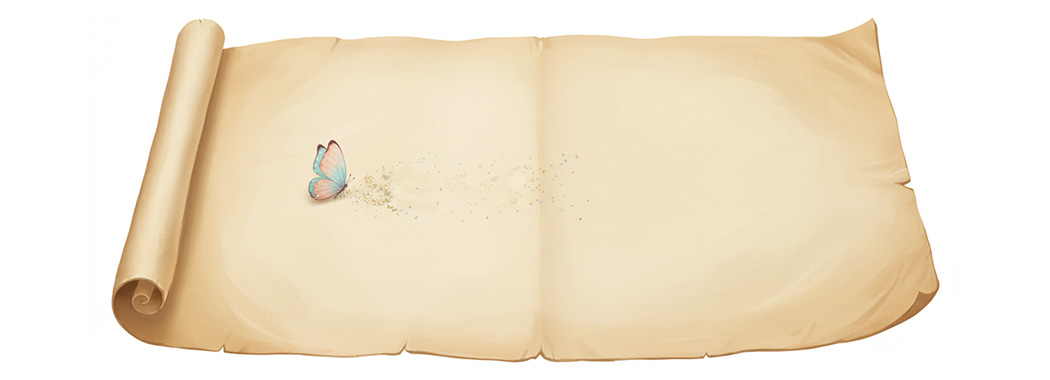 Close-up illustration of a dissolving iridescent word on warm parchment with a tiny pale blue butterfly resting at the page edge