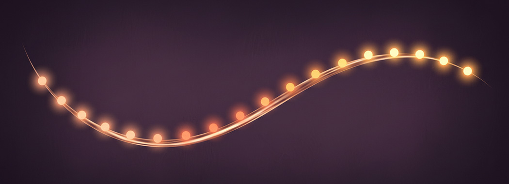 Elegant illustration of a flowing rose-gold motion line with twelve graduating luminous points from pale peach to bright gold against deep plum