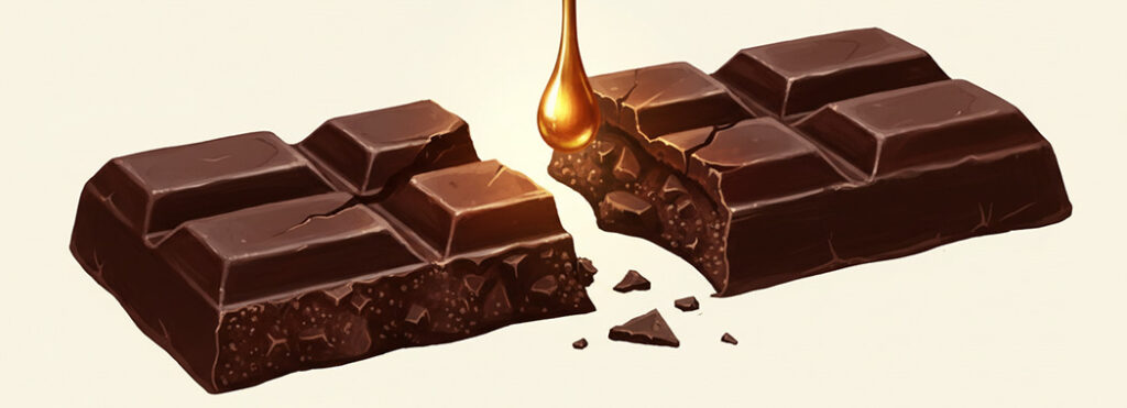 Rich warm illustration of a dark chocolate bar mid-break with a golden teardrop of melted chocolate suspended at the snap point