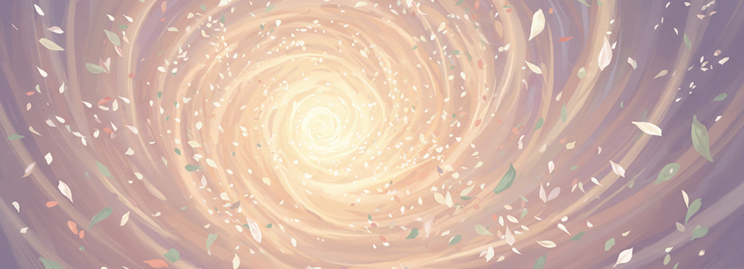 Dreamy soft illustration of a gentle warm spiral tunnel with floating petals and pale gold light at its center in lavender and peach tones