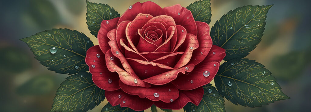 Illustration of a deep rose-red rose in bloom with faint handwritten script in the petals, golden veins, and silver dewdrops suggesting prose, sun, and rain