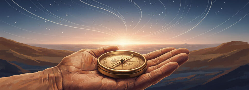 Warm illustration of a burnished brass compass on an open hand pointing toward a soft dawn glow on the horizon under a twilight sky with faint stars