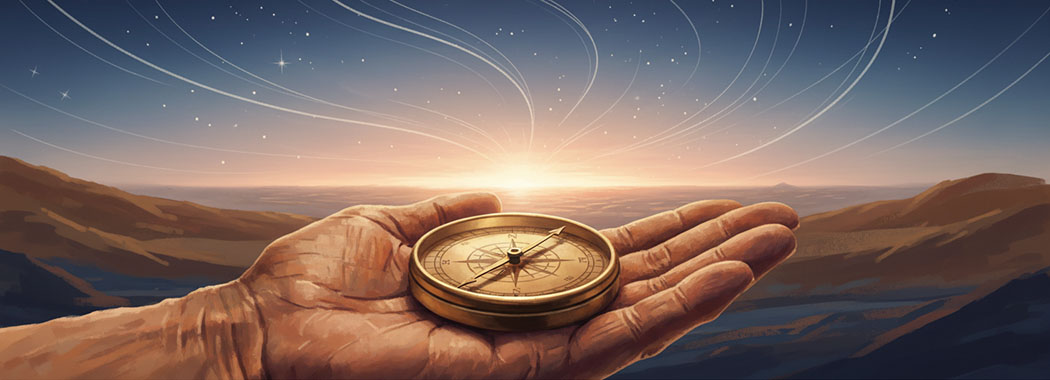 Warm illustration of a burnished brass compass on an open hand pointing toward a soft dawn glow on the horizon under a twilight sky with faint stars