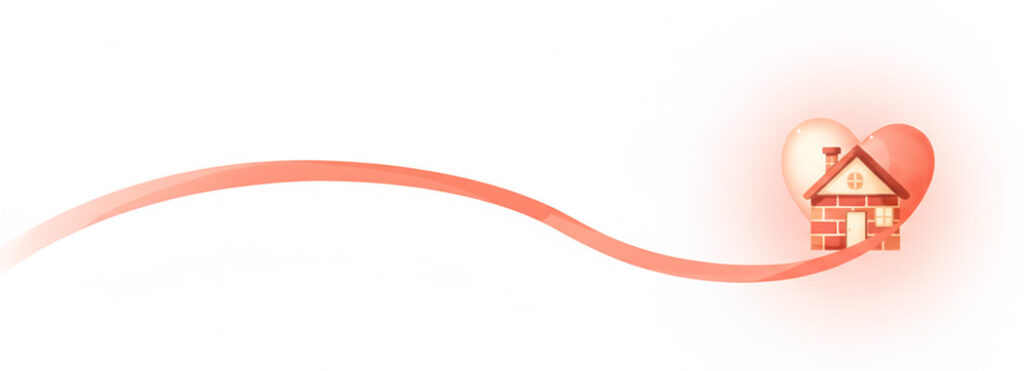 Simple warm illustration of a curved coral light settling into a glowing heart-shaped home in soft Valentine pink against clean white