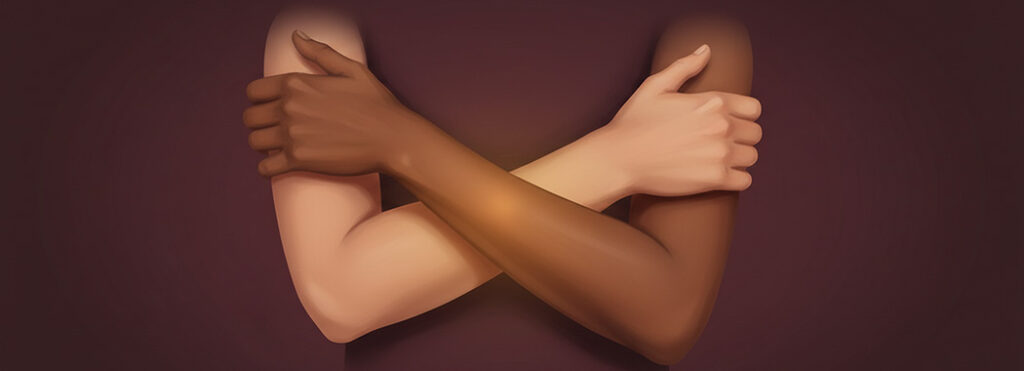 Warm intimate illustration of two arms in a close embrace with soft amber glow at the point of contact against deep burgundy