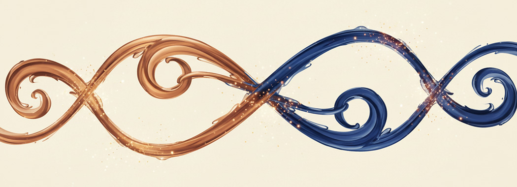 Abstract illustration of two flowing melodic lines in burnished copper and deep sapphire intertwining across a cream background with golden sparks at their meeting points