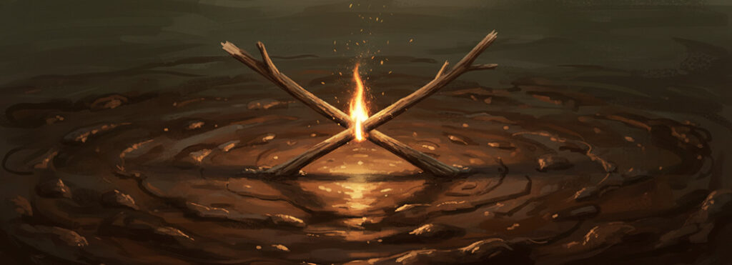 Simple warm illustration of two sticks leaning together in rich dark mud with a single vivid flame sparking at their contact point