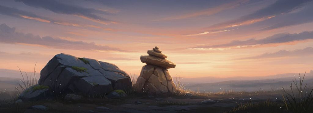 Sunrise illustration with a deep indigo sky breaking into warm coral horizon above a buried slate-gray stone beside a standing sandstone-gold rock