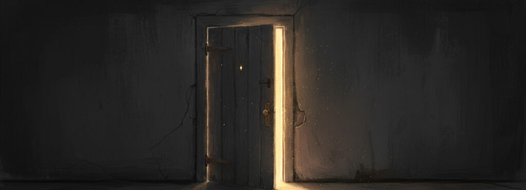 Atmospheric illustration of a weathered wooden door slightly ajar with warm golden and soft rose light spilling through the narrow opening