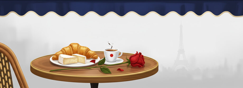 Warm stylish illustration of a Parisian café table with croissant, brie, espresso, and red rose with the Eiffel Tower faint in misty background