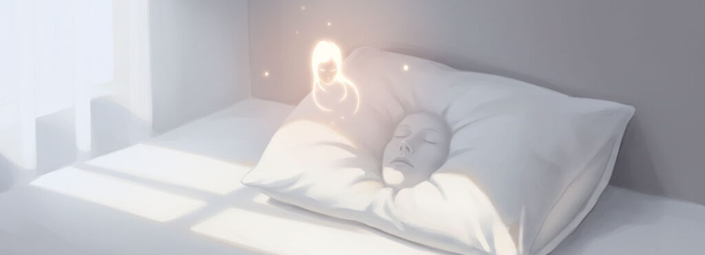 Soft intimate illustration of a cream feathered pillow with a faint sleeping-face contour and a warm rose-gold glow hovering above in pale silver-blue morning light
