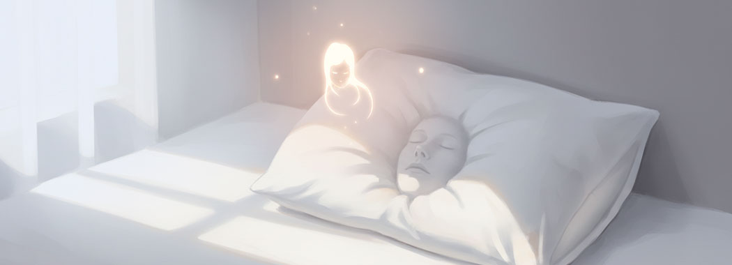 Soft intimate illustration of a cream feathered pillow with a faint sleeping-face contour and a warm rose-gold glow hovering above in pale silver-blue morning light