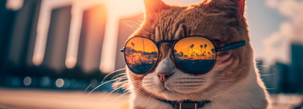 Whimsical illustration of a mischievous tabby cat with bright knowing eyes