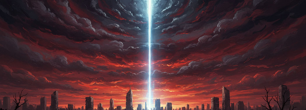 Dramatic illustration of a silver-white beam of light cutting vertically through blood-red and charcoal storm clouds