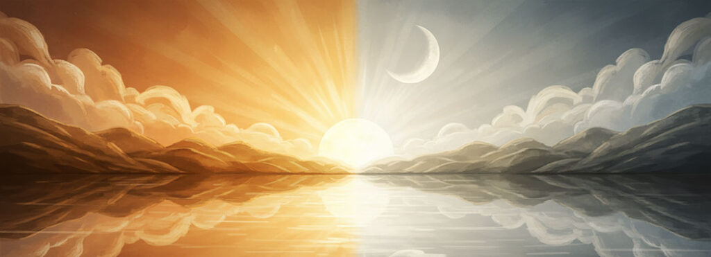 Warm symmetrical illustration of sunrise and moonlight reflecting in gentle devotional balance