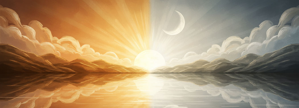 Warm symmetrical illustration of sunrise and moonlight reflecting in gentle devotional balance