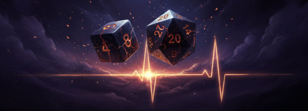 Moody illustration of dice rolling through dark purple shadows with a faint heartbeat pulse