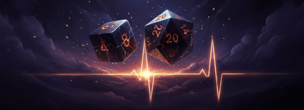 Moody illustration of dice rolling through dark purple shadows with a faint heartbeat pulse