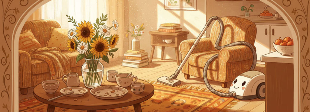 Warm whimsical illustration of a cozy domestic scene with golden light and everyday objects