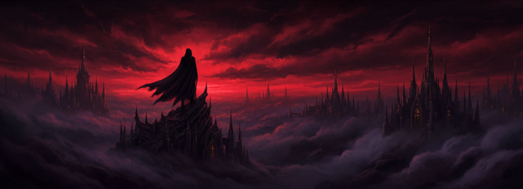 Gothic illustration of a dark caped figure silhouetted against a deep crimson sky with swirling mist