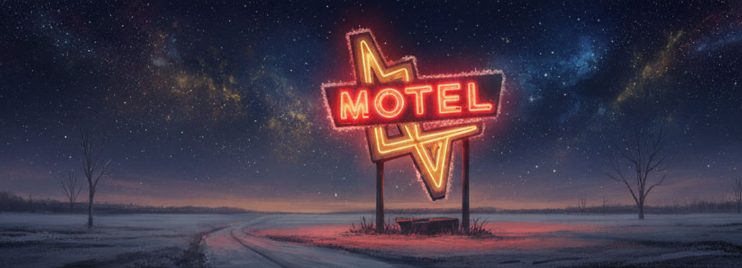Dreamy illustration of a vintage neon motel sign glowing against a starlit night sky