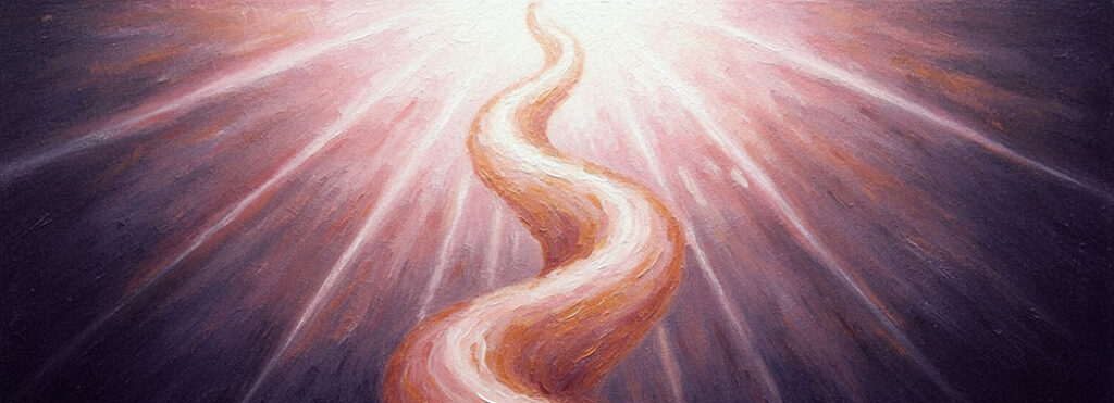 Abstract illustration of ascending light beams radiating from deep violet through rose pink and copper into brilliant white radiance