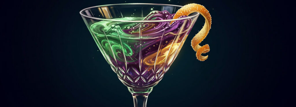 Jewel-toned illustration of an elegant crystal chalice with luminous swirling liquid in emerald and plum and amber hues