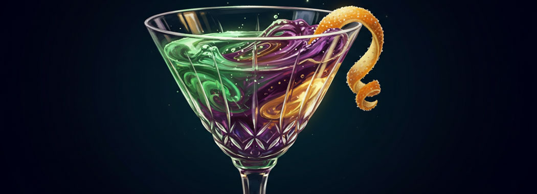 Jewel-toned illustration of an elegant crystal chalice with luminous swirling liquid in emerald and plum and amber hues
