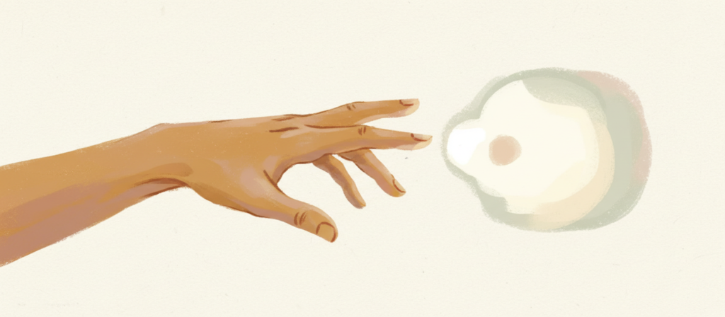 Contemplative illustration of an open hand reaching toward a faint glowing presence in warm ochre and dusty rose tones