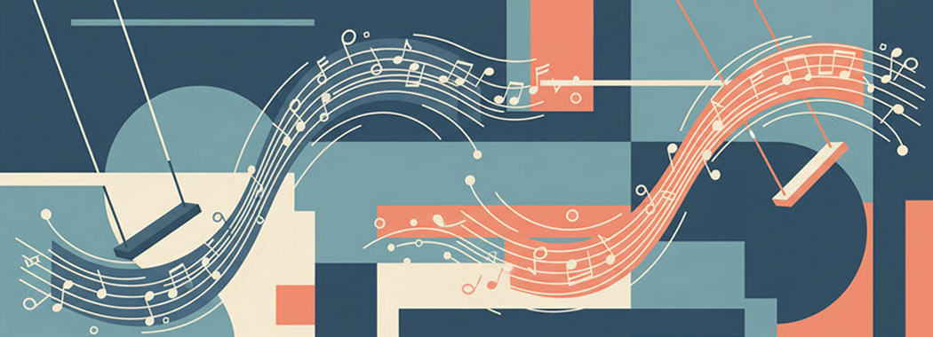 Retro jazz illustration of two abstract swings in motion with rhythm trails in cool blue and warm coral tones