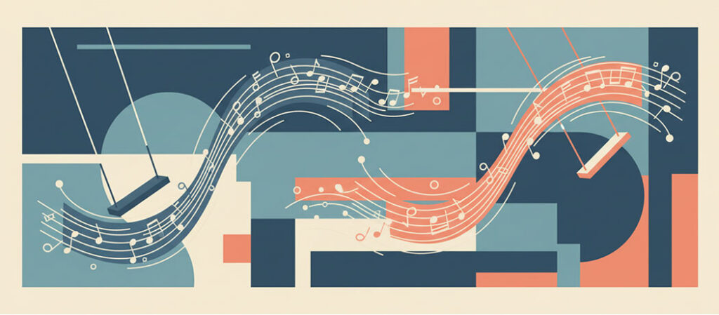 Retro jazz illustration of two abstract swings in motion with rhythm trails in cool blue and warm coral tones