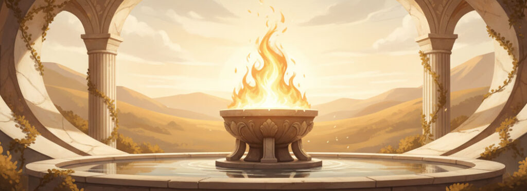 Serene illustration of a gentle eternal flame glowing warm golden light with soft balanced shadows