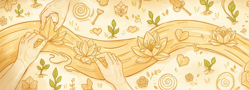 Warm illustration of origami hearts and flowers being folded with delicate precision