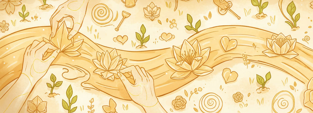 Warm illustration of origami hearts and flowers being folded with delicate precision