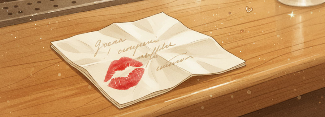 Whimsical illustration of a crumpled cocktail napkin with a lipstick kiss mark on a warm honey-toned wooden surface