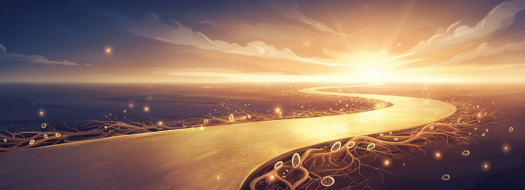 Contemplative illustration of a golden pathway stretching from shadow into warm light at the horizon
