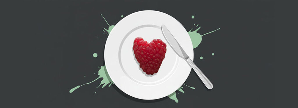 Bold illustration of a single vivid red berry centered on a stark white plate with a gleaming knife nearby