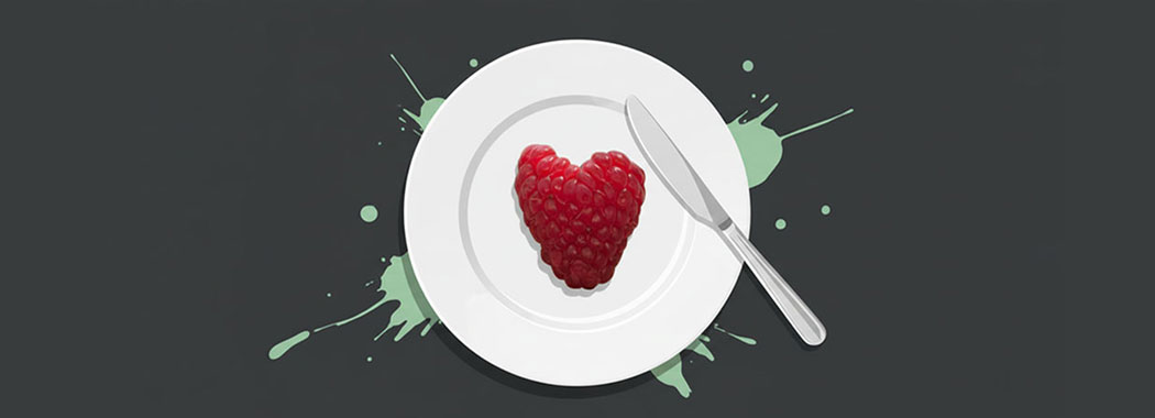 Bold illustration of a single vivid red berry centered on a stark white plate with a gleaming knife nearby