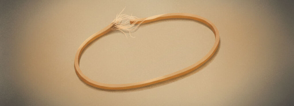 Minimalist illustration of a single stretched rubber band against a soft muted background