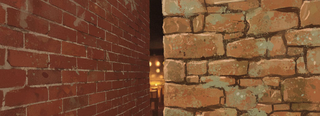 Textured illustration of a red brick wall and an amber stone wall converging with warm light between them