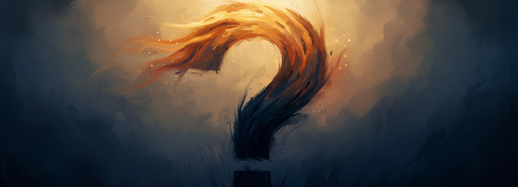 Abstract painterly illustration of a question mark transitioning from warm gold to deep dark blue