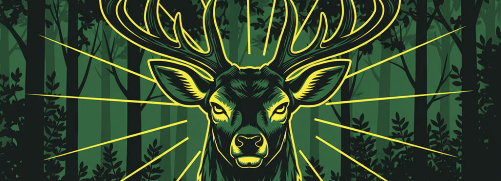 Bold graphic illustration of a defiant deer facing forward with antlers prominent in forest green and electric yellow