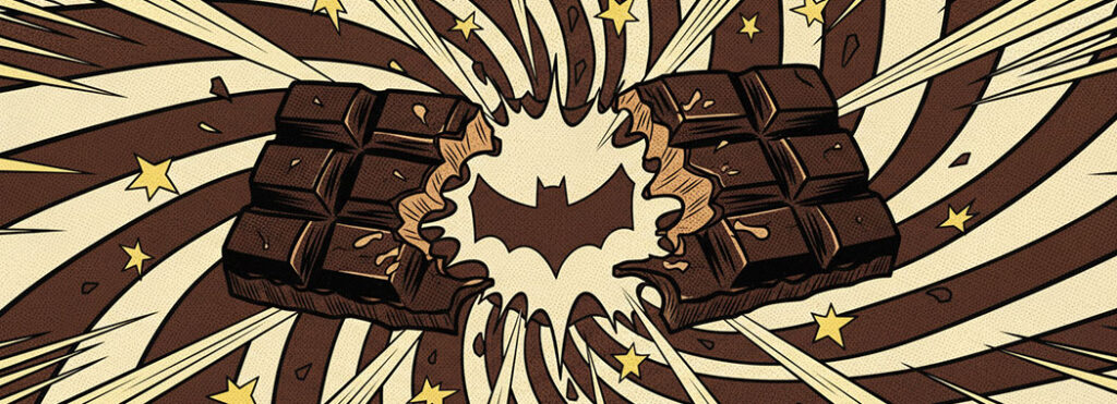 Bold pop-art illustration of a dark chocolate bar breaking apart with comic energy lines in rich cocoa browns and yellow bursts